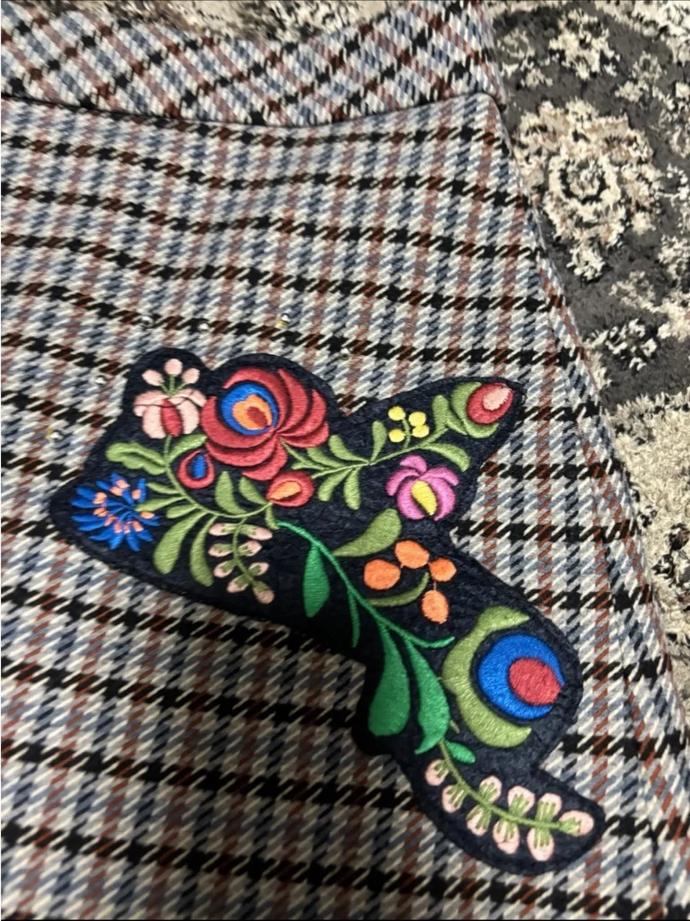 ZARA BROWN FLORAL HOUNDSTOOTH PLAID MINI SKIRT WITH FLOWERS  size S - Picture 4 of 5